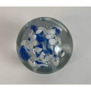 Art Glass Circle Round  PAPERWEIGHT Decor Blue & white